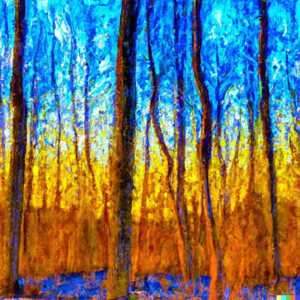 A forest at sunset painted in the style of Vincent van Gogh