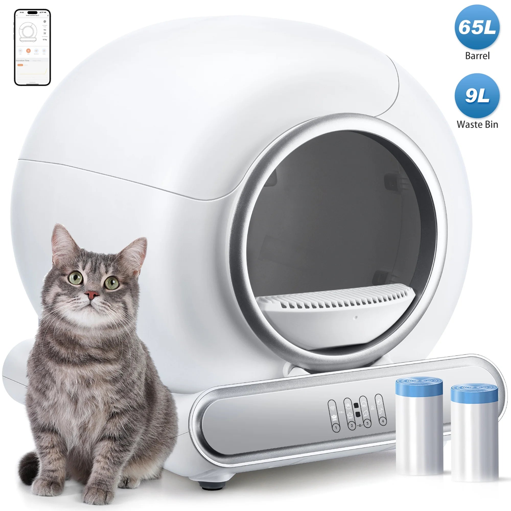 Cat Litter Box Self Cleaning, Automatic Litter Box w/ 2 Roll Liner, APP Control&Health Monitoring, Dual Odor-Removal, Sensor Safety Protection, No Disturb, 18LB Weight Capacity for Multi Cat