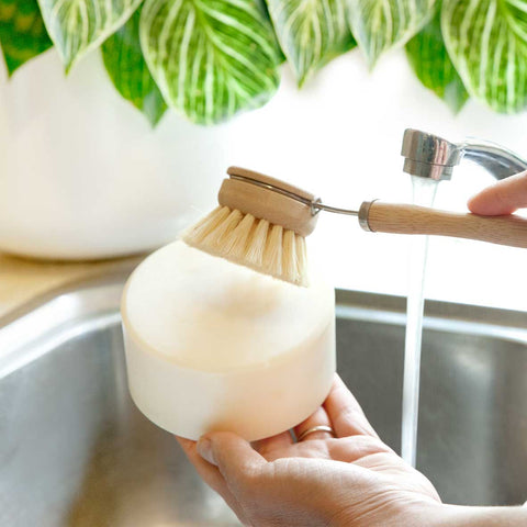 A plastic free dishwashing soap bar with a bamboo dish brush