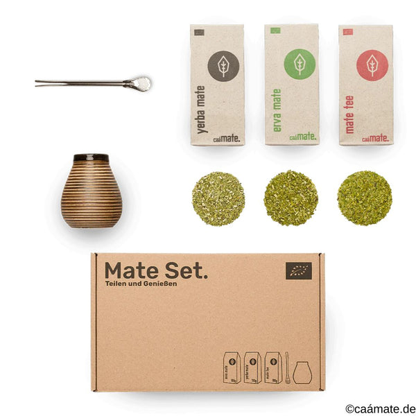 Set con matero, bombilla e 3 tipi di mate (yerba mate, erva mate, mate tea)