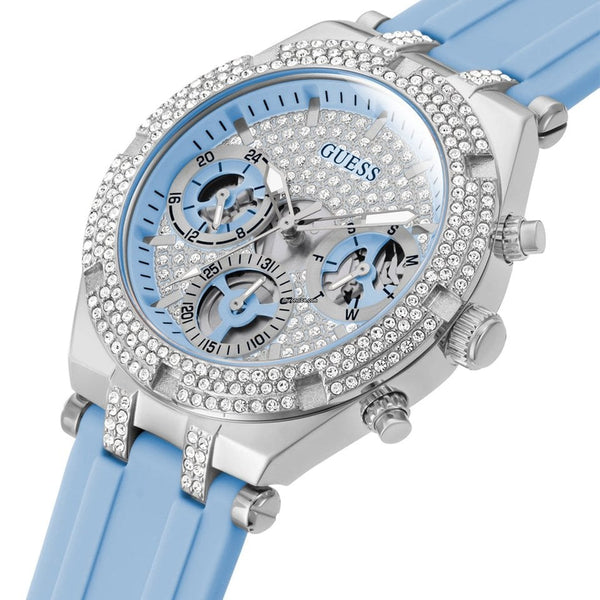  GUESS Reloj de cuarzo de acero inoxidable para mujer con correa  de silicona, Azul/Blanco/Tono Oro Rosa, ECLIPSE : Ropa, Zapatos y Joyería