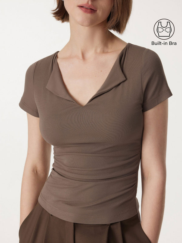 Flapped V-neck Side Ruched New Airy Brami Tee