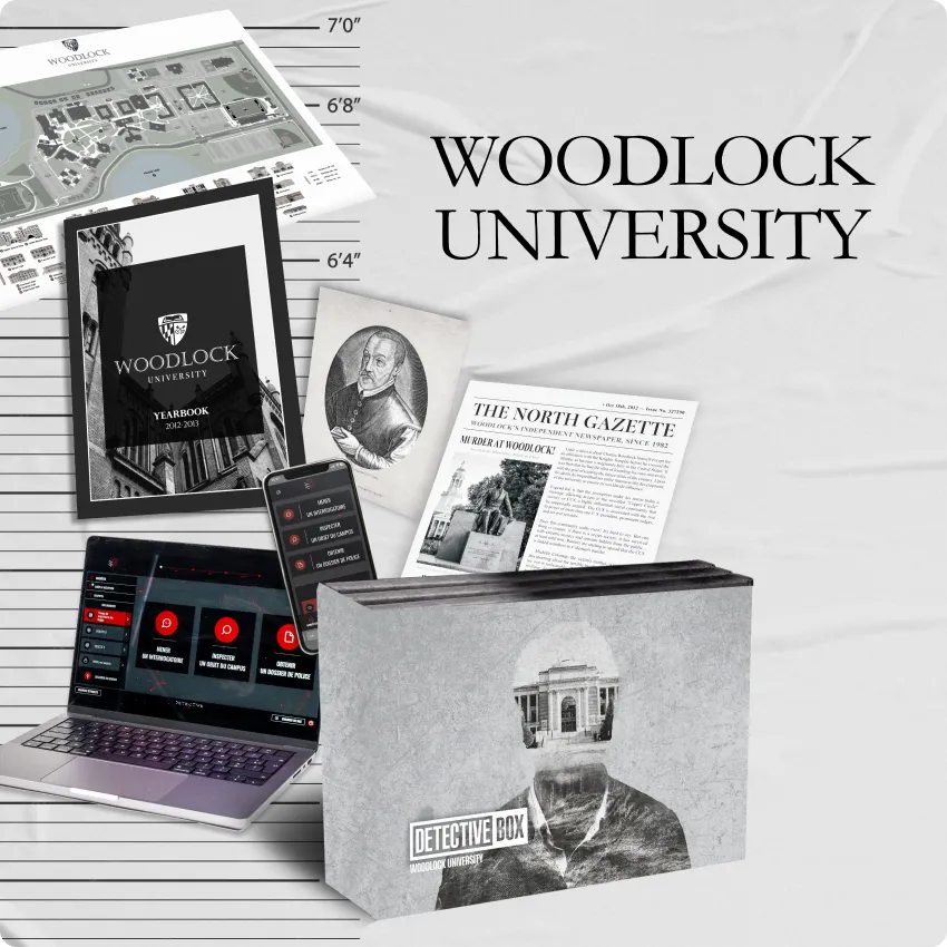 Collage of Woodlock University-themed items including a yearbook, campus map, computer, and detective box.