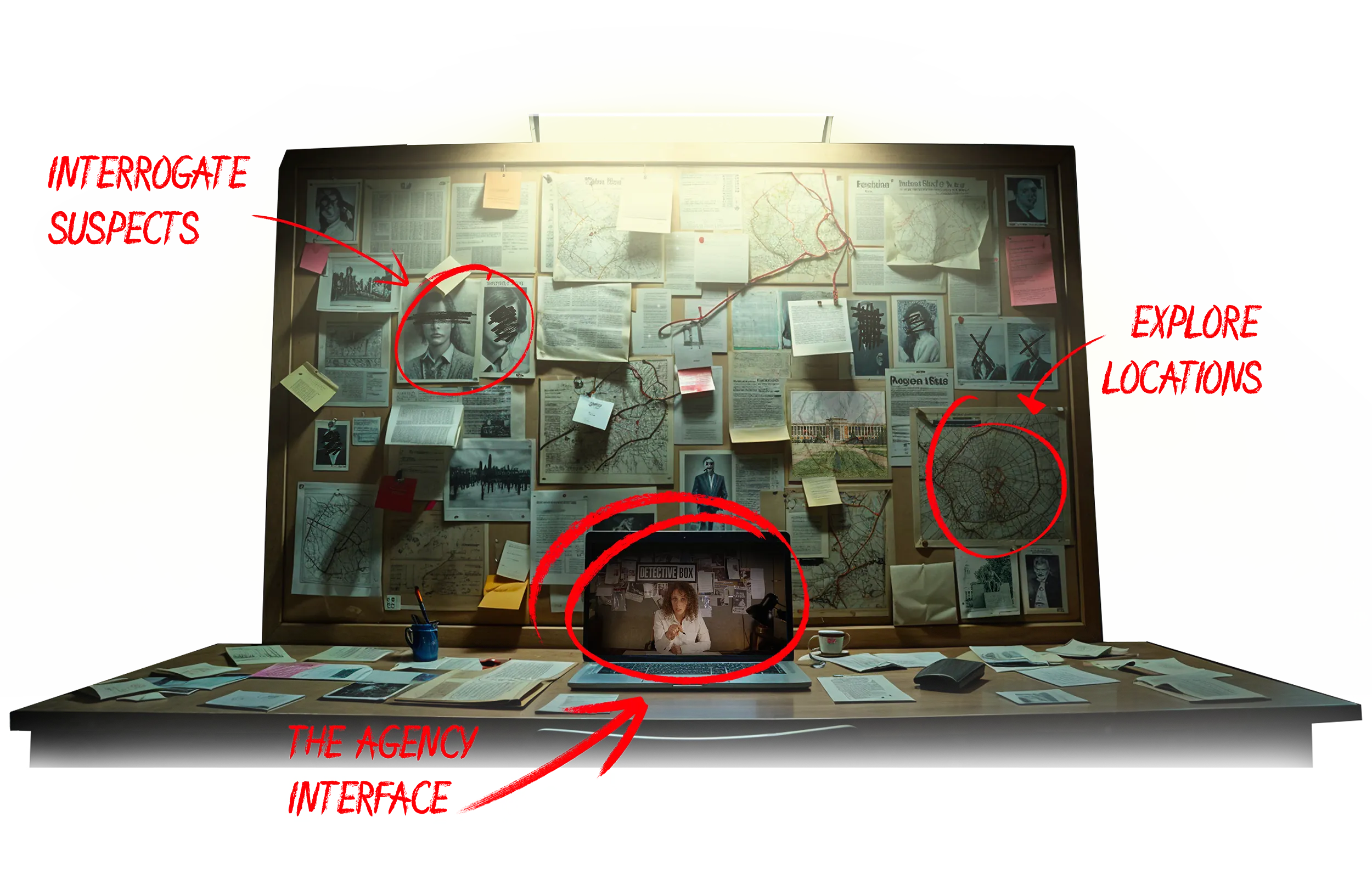 Detective's bulletin board with photos, maps, notes, and 'Interrogate Suspects' and 'Explore Locations' written in red.