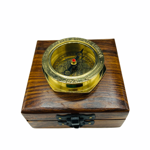 Brass 2.5 Military-Style Lensatic Scout Compass in a wood box