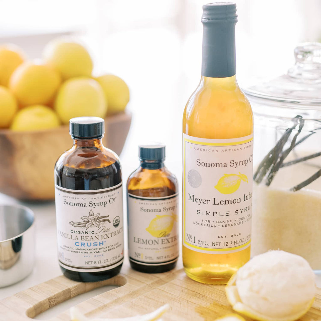 Candied Meyer lemon recipe with Meyer Lemon Simple Syrup and Vanilla Extract