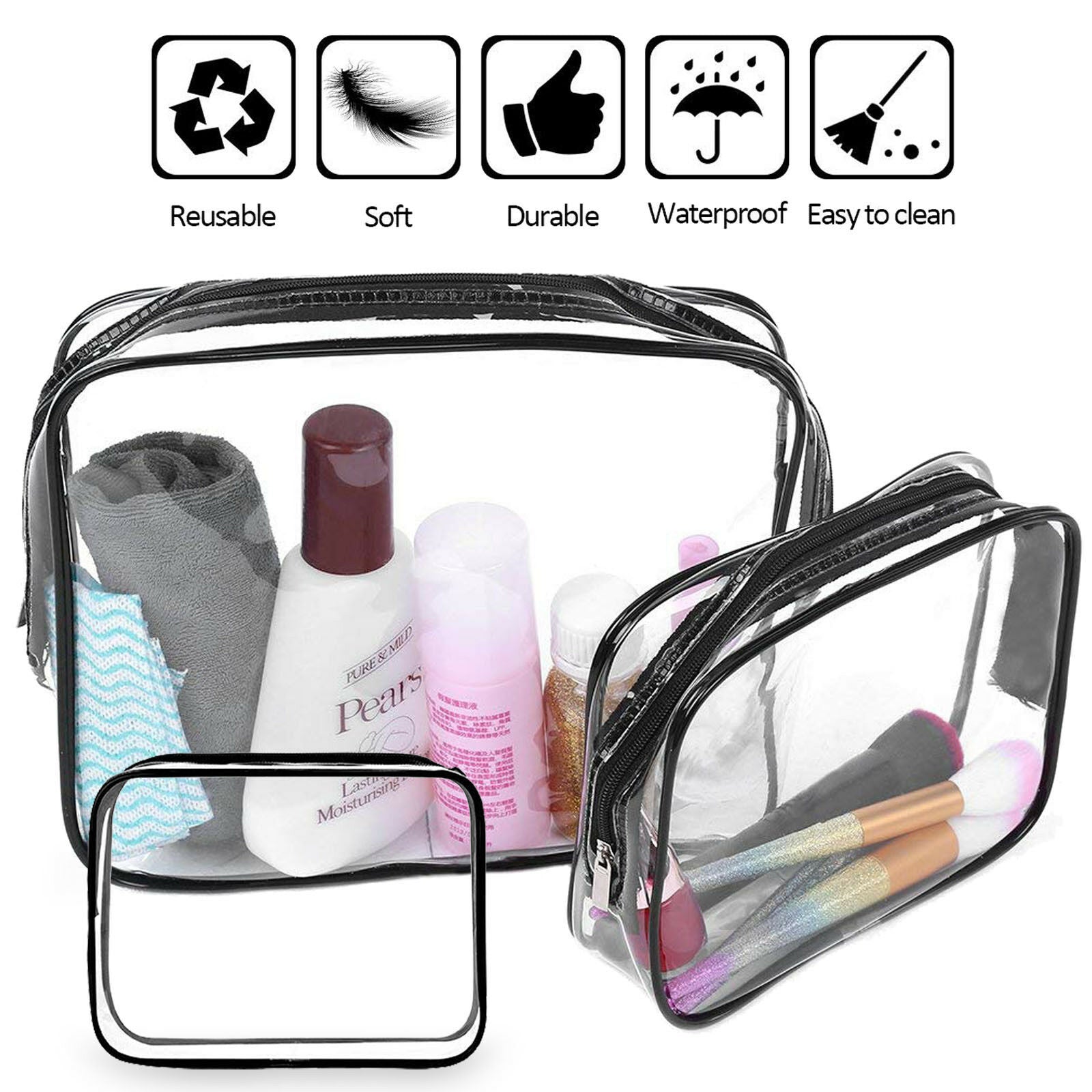 3 PCS Waterproof Cosmetic Makeup Bag Toiletry Clear PVC Travel Wash Ho ...