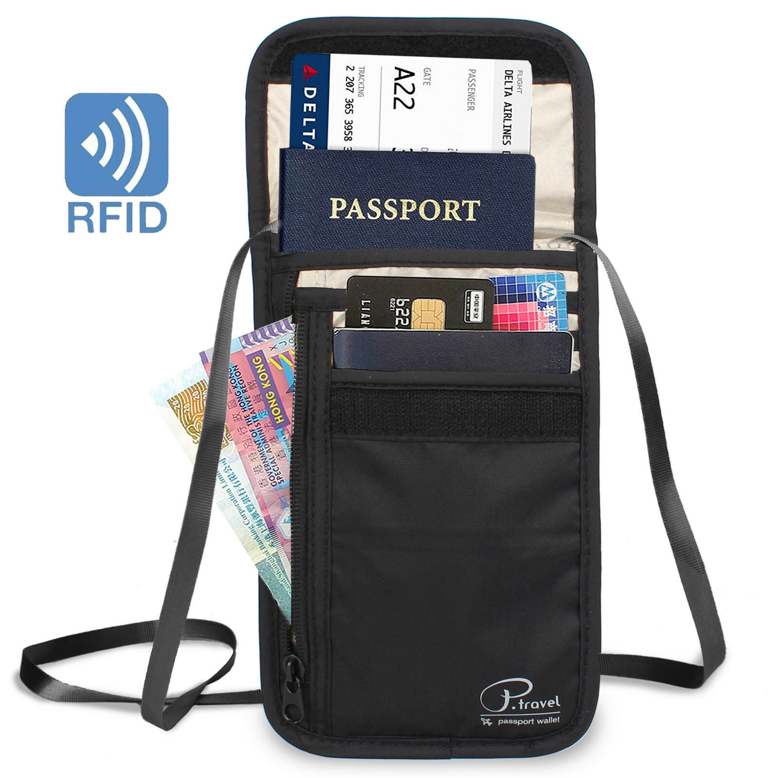 RFID Blocking Neck Stash Pouch Travel Wallet Security Passport Holder ...
