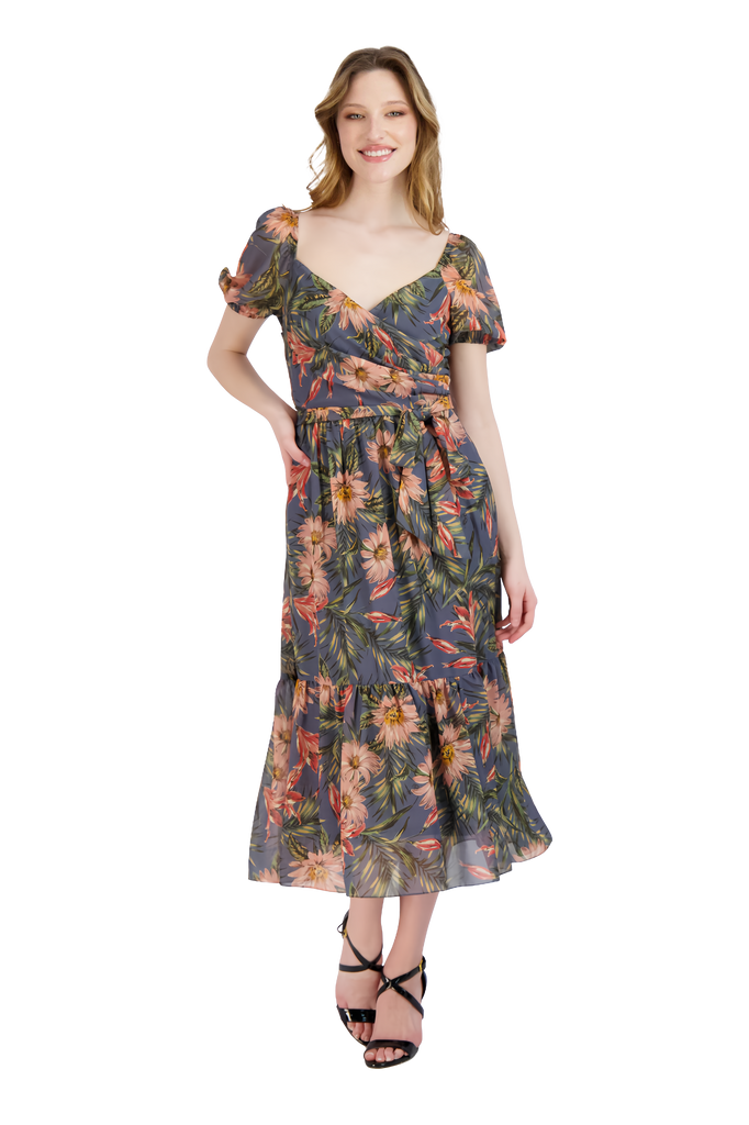 Floral Print Hidden Back Zipper Wrap Short Full-Skirt Sweetheart Chiffon Puff Sleeves Sleeves Dress With Ruffles