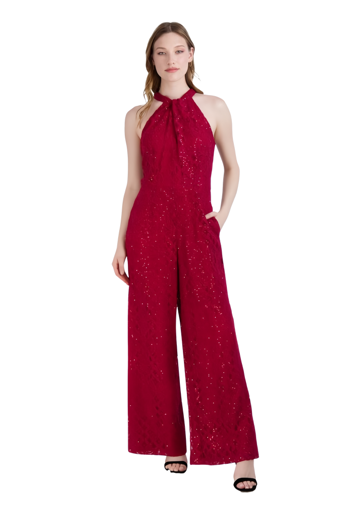 Halter Floor Length Button Closure Hidden Back Zipper Sequined Lace Jumpsuit