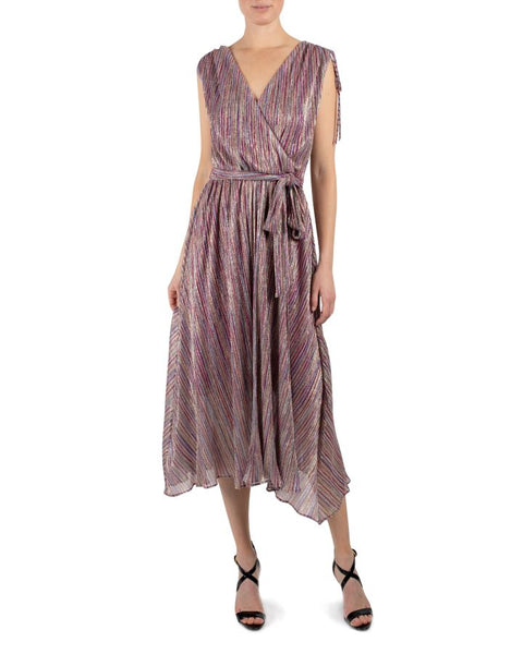 Tall Sophisticated V-neck Fitted Gathered Pleated Fall Fit-and-Flare Sleeveless Metallic Dress