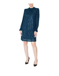 Long Sleeves Keyhole Sequined Button Closure Shift Sheath Above the Knee Mock Neck Sheath Dress