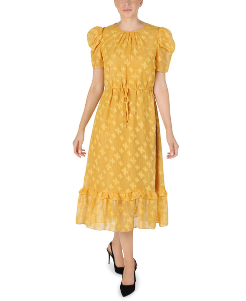 Spring Drawstring Shirred General Print High-Neck Maxi Dress