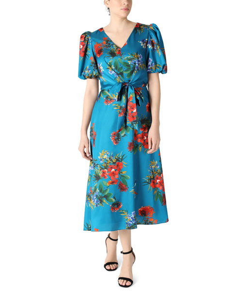 V-neck Floral Print Puff Sleeves Sleeves Evening Dress/Midi Dress