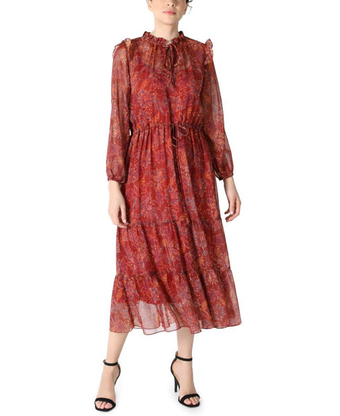 Chiffon Flutter Sleeves Tiered Flowy General Print Mock Neck Dress With Ruffles