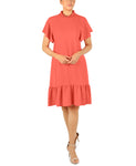 Pocketed Button Closure Above the Knee Short Sleeves Sleeves Mock Neck Dress With Ruffles