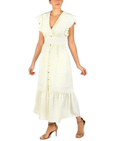 V-neck Polka Dots Print Pleated Pocketed Hidden Back Zipper Flowy Flutter Short Sleeves Sleeves Dress With Ruffles