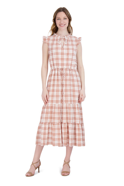Plaid Print Ankle Length Flowy Tiered Dress With Ruffles