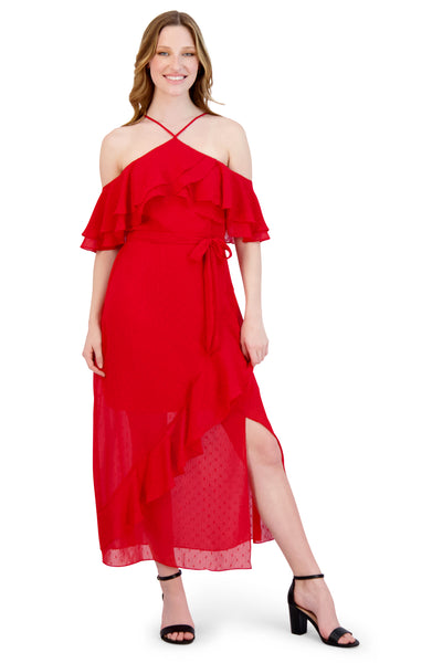Cold Shoulder Flutter Sleeves Off the Shoulder Above the Knee Chiffon Dress With Ruffles