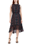 Sophisticated Fall Mock Neck Below the Knee Sleeveless Chiffon Floral Print Dress With Ruffles