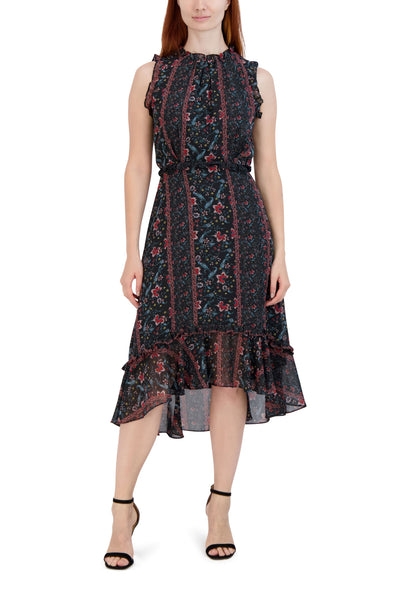 Sophisticated Mock Neck Sleeveless Below the Knee Fall Chiffon Floral Print Dress With Ruffles
