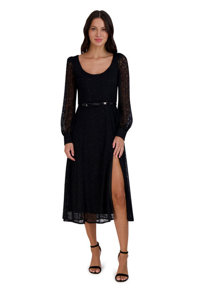 Sophisticated A-line Fit-and-Flare Scoop Neck Smocked Lace Belted Fitted Button Closure Hidden Back Zipper Long Sleeves Dress