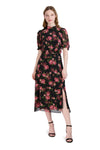 Floral Print Self Tie Slit Hidden Back Zipper Sheer Chiffon Puff Sleeves Sleeves Mock Neck Midi Dress With a Ribbon