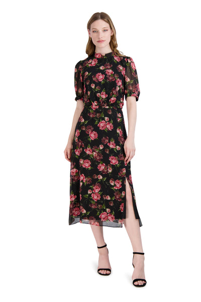 Mock Neck Floral Print Puff Sleeves Sleeves Slit Sheer Hidden Back Zipper Self Tie Chiffon Midi Dress With a Ribbon