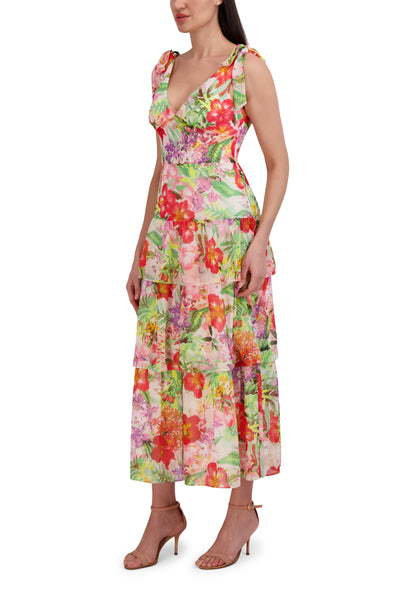 Mock Neck Tiered Floral Print Midi Dress
