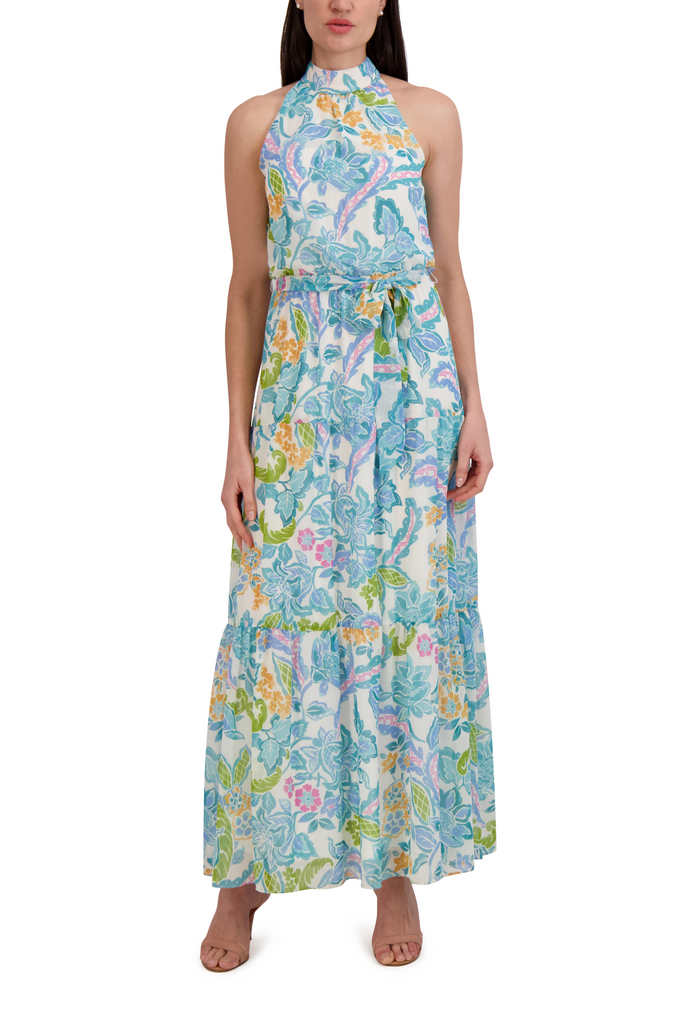 Chiffon Full-Skirt Halter Flowy Tiered Pleated Keyhole Dress by Julia Jordan