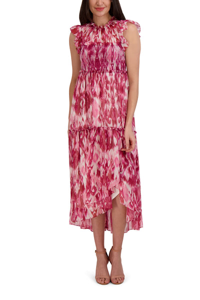 Smocked Tiered Flowy General Print Cap Sleeves Maxi Dress