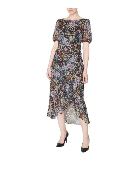 Fall Ruched Below the Knee Chiffon Floral Print Short Sleeves Sleeves Dress