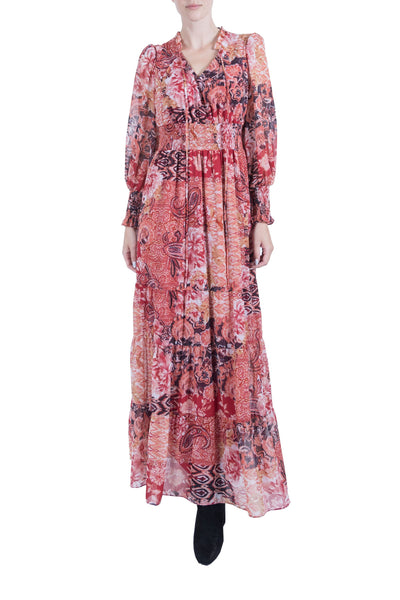 V-neck Floral Print Smocked Flowy Long Sleeves Maxi Dress