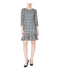 Tweed 3/4 Sleeves Plaid Print Short Dress With Ruffles