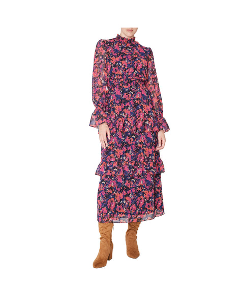 General Print Chiffon Long Sleeves Mock Neck Smocked Maxi Dress/Midi Dress