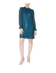 Button Closure Sequined Keyhole Mock Neck Long Sleeves Shift Sheath Above the Knee Sheath Dress