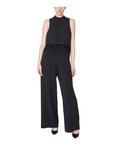 Crepe Mock Neck Keyhole Back Zipper Button Closure Sleeveless Jumpsuit