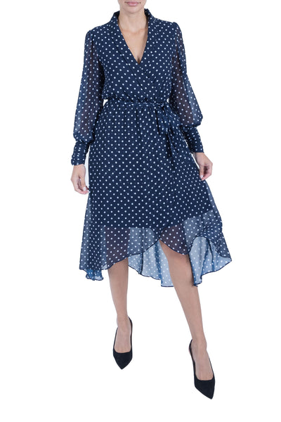 Polka Dots Print Wrap Long Sleeves Midi Dress