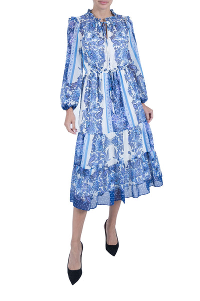 General Print Fall Tiered Self Tie Drawstring Sheer Long Sleeves Chiffon Midi Dress With Ruffles