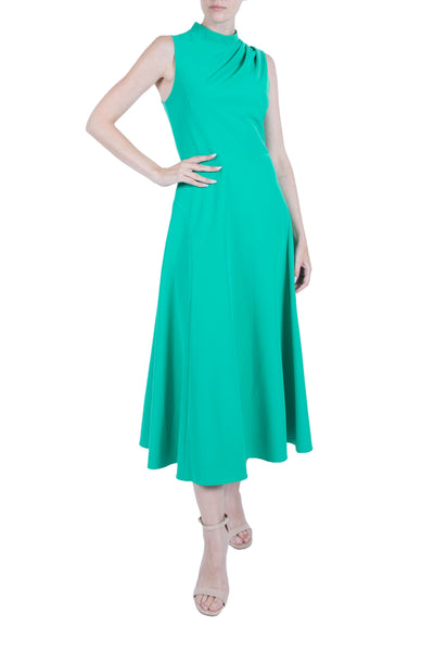 A-line Fit-and-Flare Darts Fitted Gathered Sleeveless Mock Neck Midi Dress