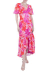 High-Low-Hem Flutter Sleeves Chiffon Wrap Maxi Dress/Midi Dress