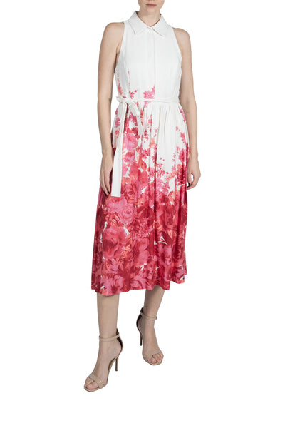 Spring Summer Sleeveless Tie Waist Waistline Collared Floral Print Shirt Midi Dress