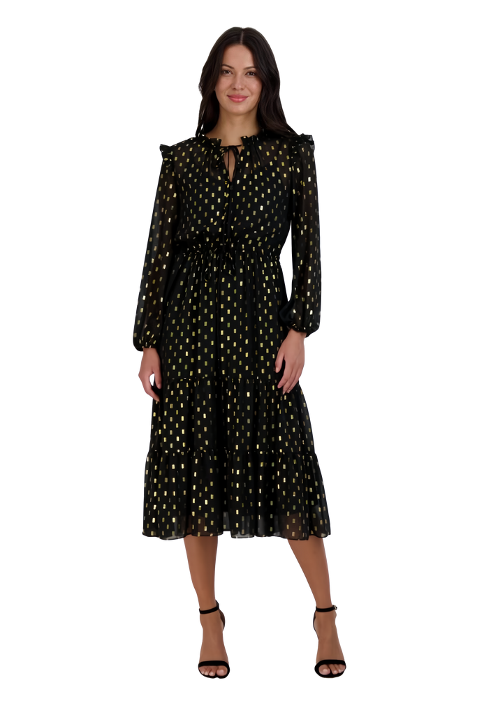 Sophisticated Chiffon Long Sleeves Below the Knee Drawstring Fall Dress With Ruffles