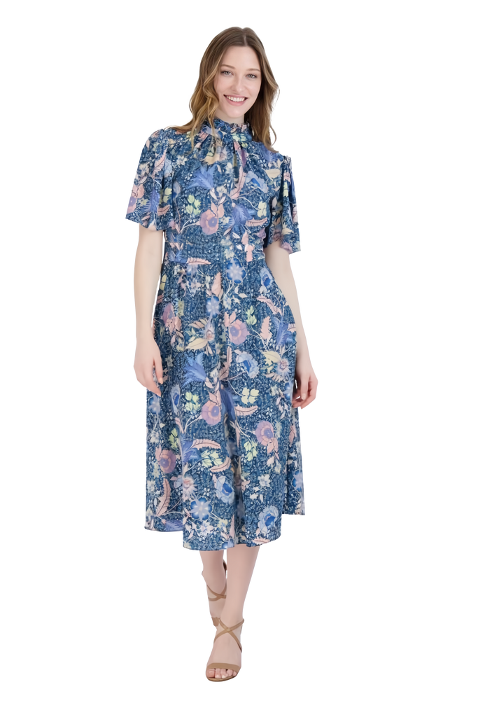 A-line Mock Neck Floral Print Button Closure Fitted Hidden Back Zipper Pocketed Below the Knee Fit-and-Flare Dress With Ruffles