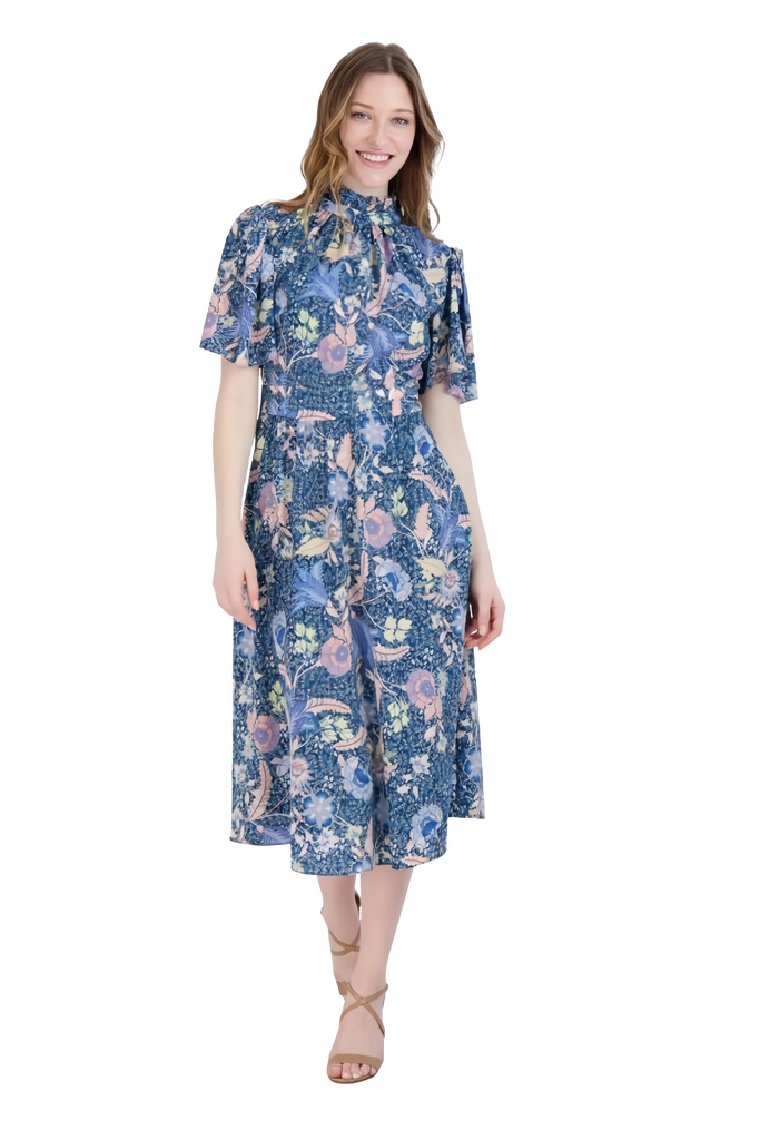 A-line Floral Print Below the Knee Hidden Back Zipper Fitted Button Closure Pocketed Mock Neck Fit-and-Flare Dress With Ruffles