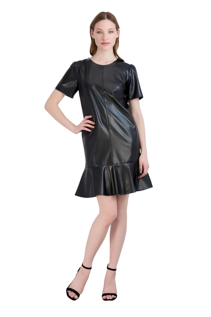 Above the Knee Faux-Leather Short Sleeves Sleeves Round Neck Back Zipper Sheath Sheath Dress With Ruffles