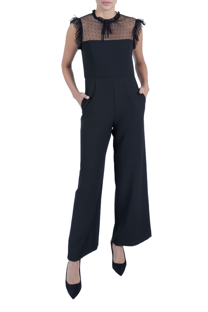 Crepe Drawstring Mesh Jumpsuit With Ruffles