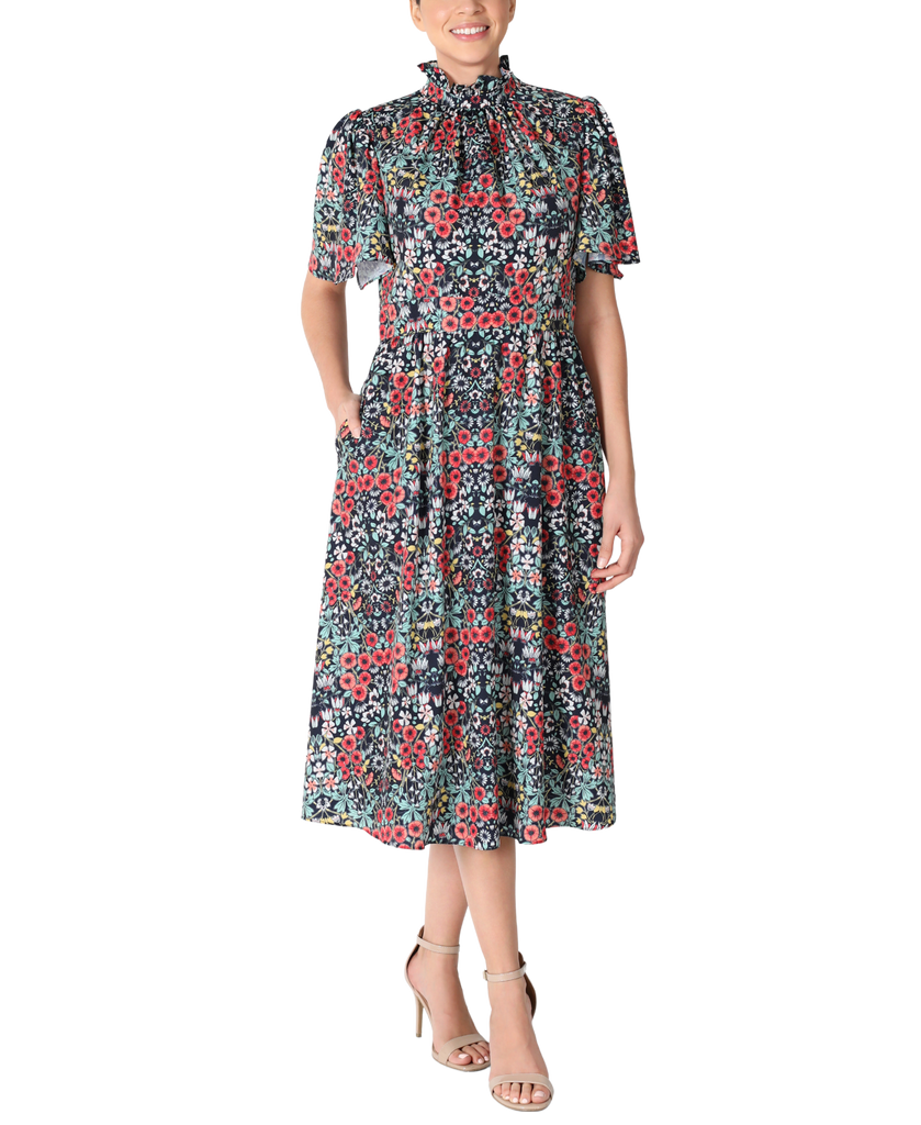 A-line Mock Neck Above the Knee Floral Print Short Sleeves Sleeves Button Closure Hidden Back Zipper Pocketed Dress