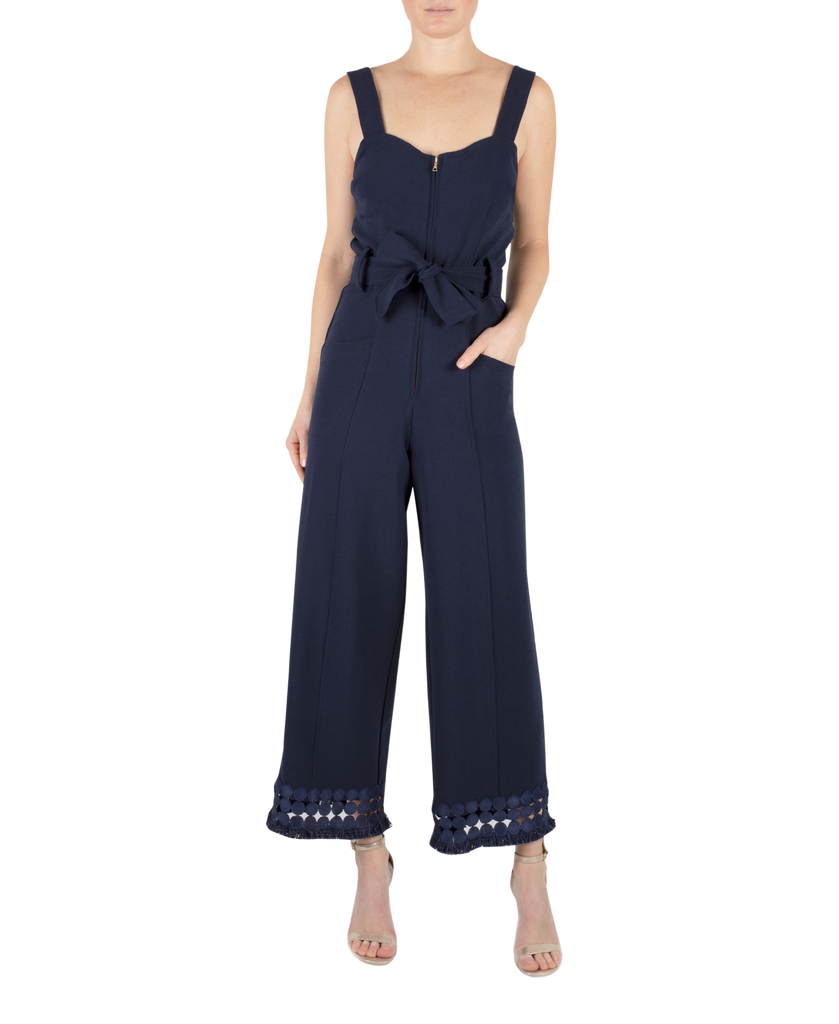 Zipfront Jumpsuit With Open Lace Fringe Hem