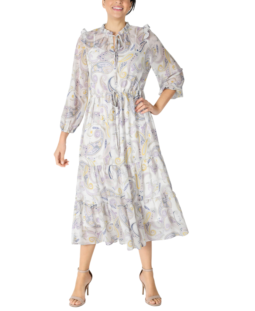 Long Sleeves Chiffon Bubble Dress Collared Drawstring Self Tie Tiered Flowy Paisley Print Midi Dress With Ruffles